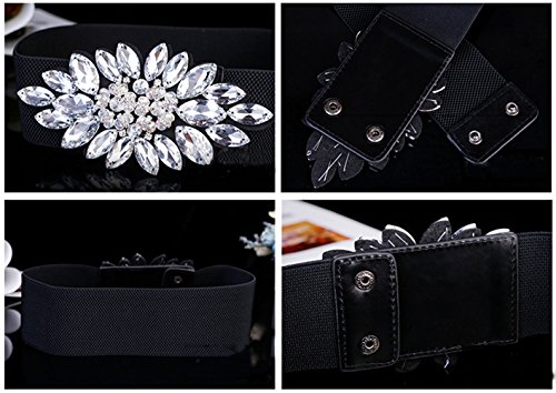 E-Clover Fashion Floral Rhinestone Buckle Women's Elastic Waist Cinch Belt For Dress For Waist Size 25''-32'' (White Rhinetsone) #TOP7