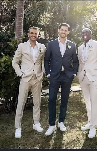 Men's 2 Pieces Linen Suit Slim Fit Summer Beach Wedding Tuxedo Grooms Retro Prom Party Blazer Pants4