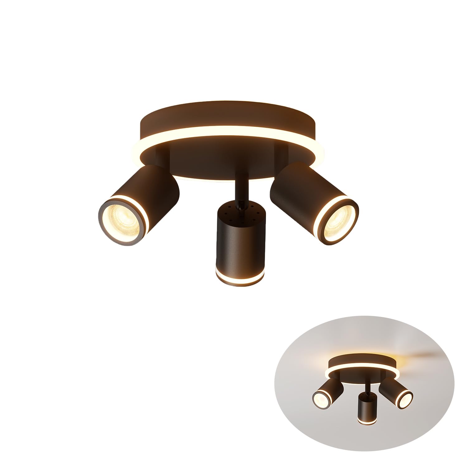 LVWIT Lámpara de Techo LED Giratorios con 3 Focos LED GU10 -Orbicular de Metal Negro, Focos de Techo para Lámpara de Techo para Dormitorios, Salones y Cocinas(Sin Bombillas).