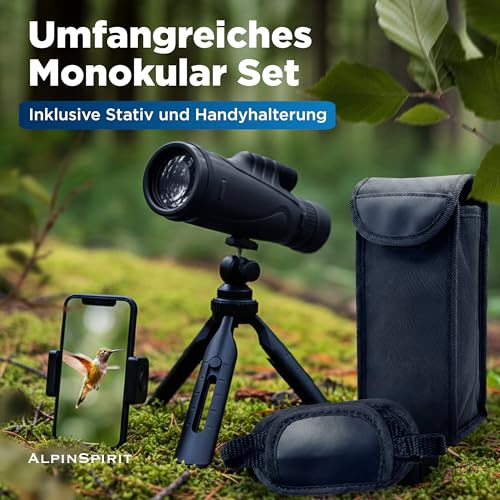 AlpinSpirit Zoom Monokular 10-30x50 mit Stativ & Handschlaufe [IPX4,FMC & BAK4],geeignet für Erwachsene,HD Weitsicht Fernrohr,Monocular, wasserabweisend,für Jagd,Wandern,mit Tasche schwarz