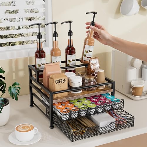 Segtenant 4 Tier Coffee Syrup Rack Organizer, Coffee Bar Organizer for Countertop, Coffee Station Organizer with 2 Sliding Drawers for Pods, K Cup Holder, Stirrer and Condiment, Brown — view 2
