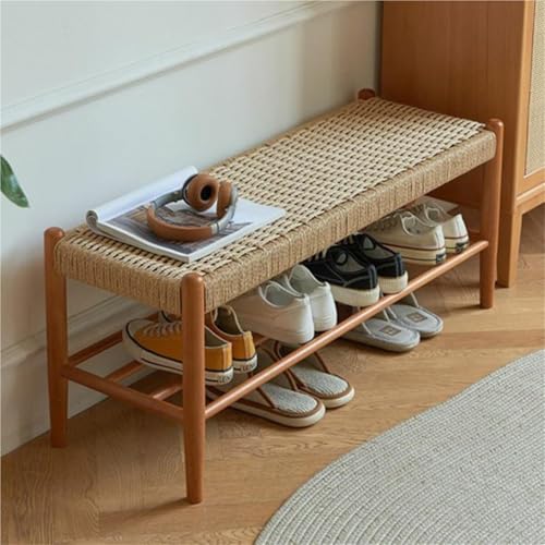 Banc de rangement meuble à chaussures rotin bois massif double couche
