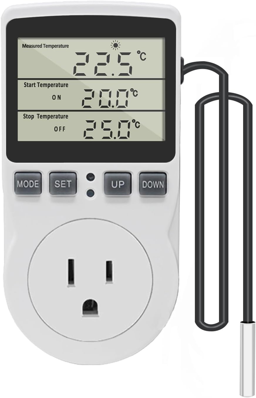 Digital Thermostat Outlet Plug Temperature Controller Outlet Socket 120V Heating Cooling Control 110V 15A Celsius Fahrenheit Display White