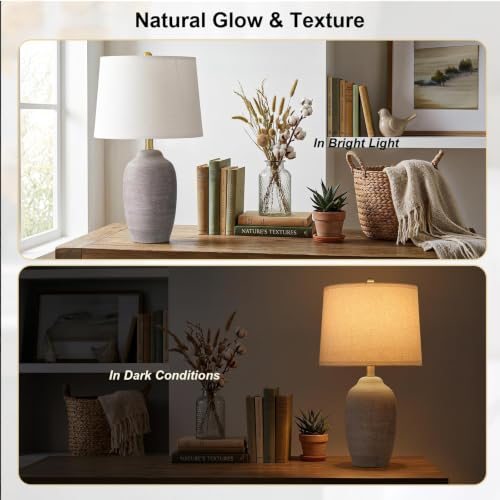 Image of 24.5 inch Vintage Ceramic Table Lamp Single-Rustic Boho Accent Nightstand Lamps for Bedroom, Living Room, Entryway-Small Textured Bedside Lamps, Modern Farmhouse Lamps for Home Decor Purple Grey