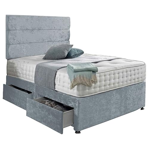 Image of SANA SLEEP Designer Crushed Velvet Fabric Divan Bed Set With Pocket Spring Memory Foam Mattress, No Storage and Matching Headboard 2FT6 Small Single - Steel Crushed Velvet