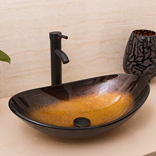 Sliverylake Artistic Boat Oval Sink Bowl Bathroom Glass Vessel Sink With Artistic Oil Rubbed Faucet & Drain #TOP1