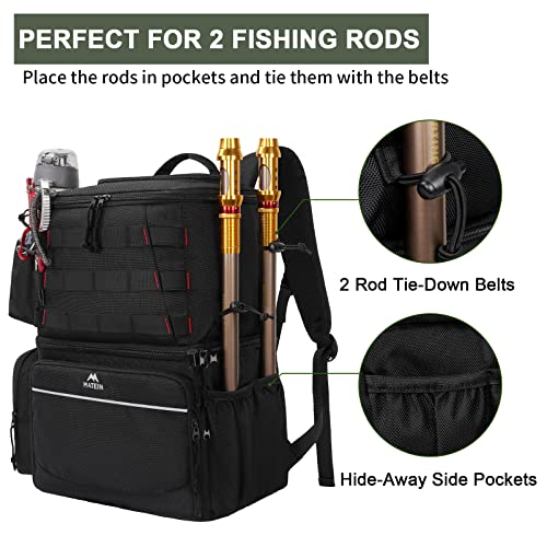 Matein Fishing Tackle Bag, Insulated Fly Fishing Back Pack For 3600 Tackle Box(Without Box), Durable Storage Pole Rod Bag With Bottle Holder For Gear & Accessories, Outdoor Gift For Men Women, Black #TOP4