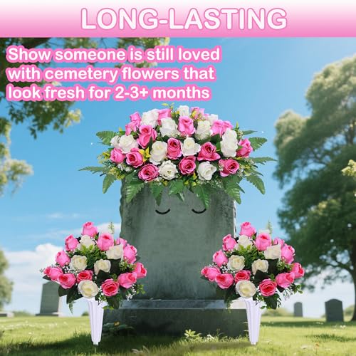 Lodou 3 Pcs Artificial Cemetery Flower Saddles, Rose Headstone Flower Saddle,Cemetery Memorial Flowers with Vase for Outdoor Grave Tombstone Decorations (Pink White) image 7