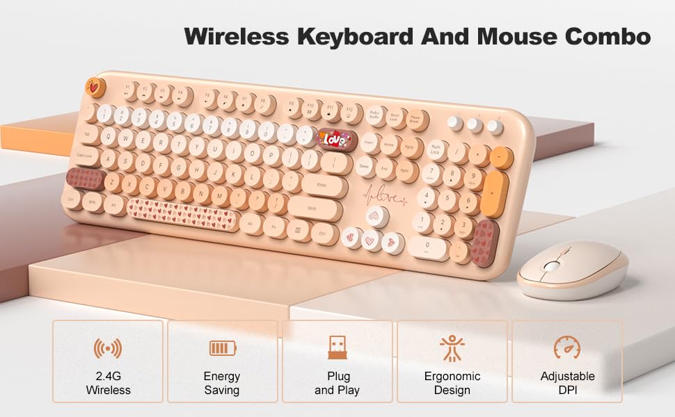 Image of MOFII Wireless Keyboard and Mouse Combo - Pale Coffee Full Sized Plug and Play Colorful Computer Keyboards - 104 Keys Round Keycap USB 2.4G Cute Keyboard for Windows /Laptop /Mac /Desktop /PC