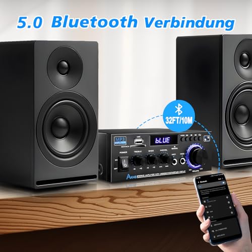 Woopker AK45 Amplificador Audio, 2.0CH Bluetooth 5.0 40Wx2 Salida HiFi Amplificador de Potencia de Audio, Receptor estéreo Amplificador Audio para Cine en Casa, Coche Altavoz W/2 Mic/USB/Radio FM - imagen 2