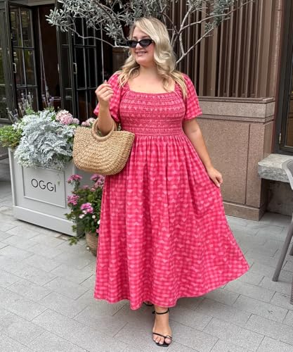 Image of RITERA Plus Size Dresses for Curvy Women Square Neck Short Sleeve Summer Floral Smocked Maxi Dress with Pocket XL-5XL