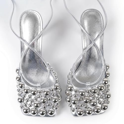 Image of Saint Leia Women's 4IN High Heel Sandals Nude Stiletto Pumps with Gold Silver Pearls Heels for Weddings Parties and Evening Wear
