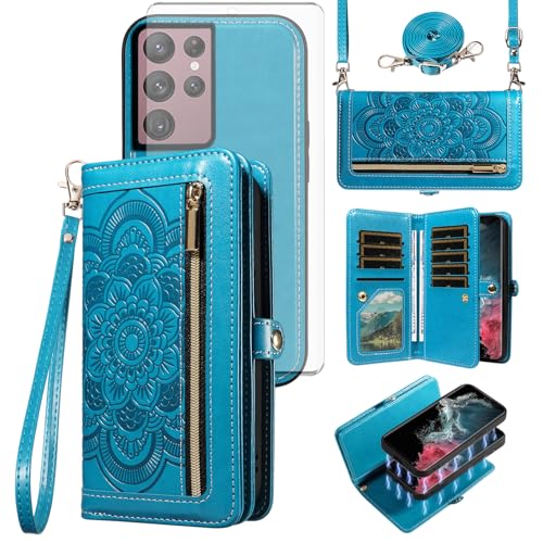 Coque Samsung S22 Ultra 5G housse portefeuille détachable fermeture éclair avec verre trempé