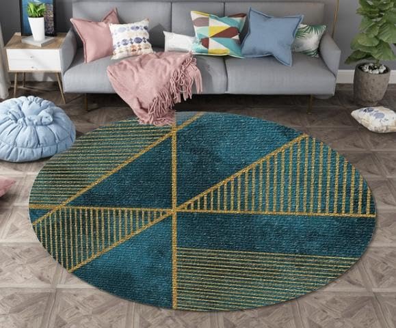 Tapis rond lavable et antidérapant de 140 cm à poils bas denses pour salon bleu vert