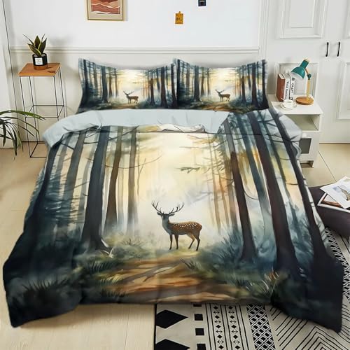 Parure de lit pour Enfant 140x200 cm Cerf De Forêt Vert Housse de Couette Polycoton Ensemble de Literie Linge de Lit avec Taies d'oreiller, pour Décoration...