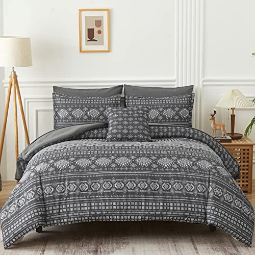 Luxudecor Boho Comforter Set Queen 8 Piece, Black White Striped Geometric Bed In A Bag, Aztec Comforter Set, Folkloric Art Pattern Bedding Set For All Season(Black, 90''X90'') #TOP1