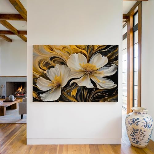 Peinture botanique sur toile de fleurs abstraites | Art mural blanc et or 21x30 cm