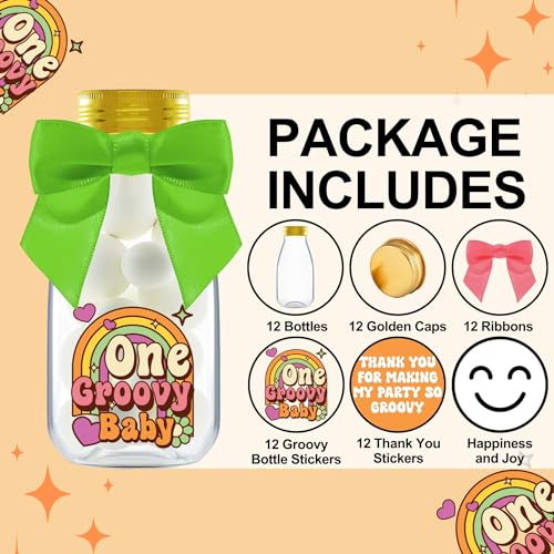 Ethisa Small 12 Pack One Groovy Baby Party Favors - DIY Candy Jars with Ribbons and Stickers - Funky Party Decoration Bottles for 1st Birthday Bash for Boy or Girl - Retro Hippie Table Centerpieces - Thumbnail 2