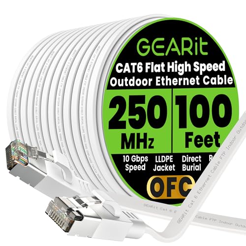 GEARit Cat 6 Outdoor Flat Ethernet Cable (100ft, White) Direct Burial Rated LLDPE Jacket - Indoor Cat6 Shielded FTP 10Gbps High Speed Gaming Computer Network RJ45 Snagless Patch Cord Internet