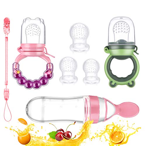 Baby Food Feeder Set Silicone Rattle Fruit Pacifier 125Ml Squeeze Spoon Infant Teething Feeding Supplies (Pink) #TOP1