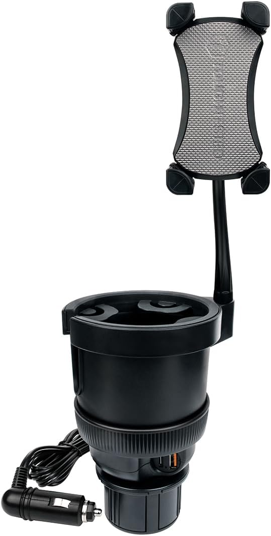 ToughTested XL Power Cup Holder Phone Holder - Heavy-Duty Phone Mount & Oversized Cup Holder for Car β Fits 64oz YETI/Stanley Mugs, USB Ports, 9