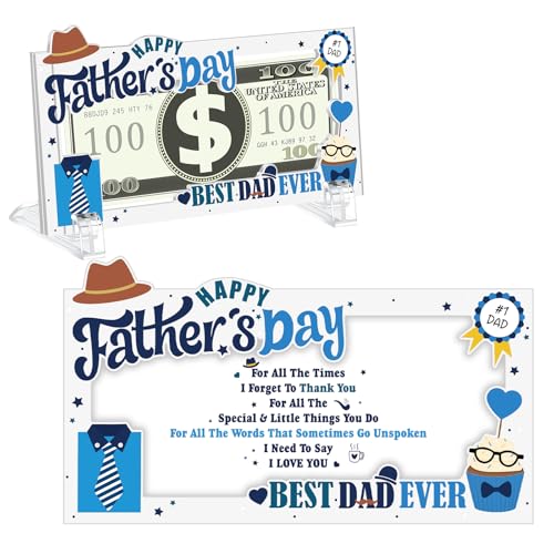 Father's Day Money Holders for Cash Gift Acrylic Money Box Currency Holder with Transparent Bracket for Father Dad Cash Organizer Party Present(Blue Style)