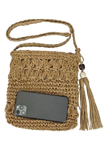 Women's Straw Woven Crossbody Shoulder Bags Summer Beach Boho Crochet Handbag Purse with Tassel Chain3