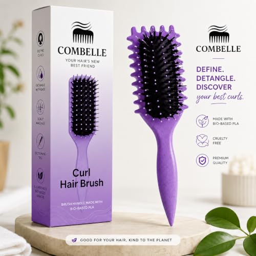 Image of Combelle 5-in-1 Curl Hair Brush | Vegan Boar Bristles | Bio-Based PLA Handle | Detangling, Defining & Frizz Control for Curly & Wavy Hair | For Men & Women - Purple