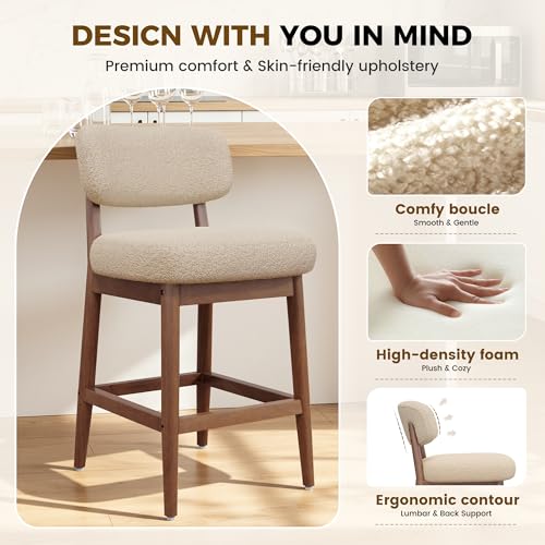 Image of Counter Height Bar Stools Set of 2, Mid-Century Modern Boucle Bar Chairs with Solid Wood Frame, Fluffy Upholstered Stools with Backrest for Kitchen Island, Home Bar, Oatmeal