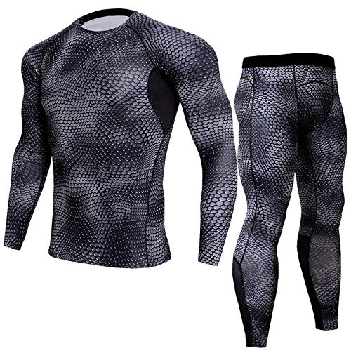 Men's Sports Quick Dry Running Set Compression Shirt + Pants Skin Tight Long Sleeves Fitness Tracksuit Gym Yoga Suits (E Snake Scale + Black, L) #TOP26