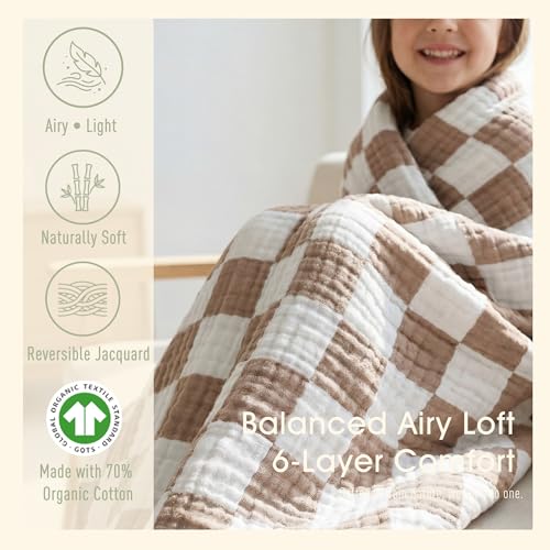 Image of 6-Layer Muslin Toddler Blanket - Made with Organic Cotton, Large 50x60 Crib Quilt & Bedding for Kids & Moms (Coffee Checkered)