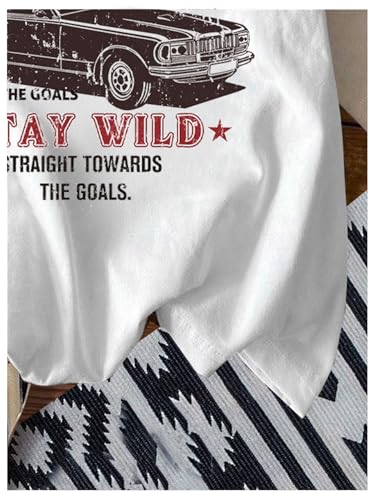 Image of RoseSeek Women's Graphic Letter Tee Crew Neck Drop Shoulder Trendy Summer T Shirt Short Sleeve Vintage Car Print Top