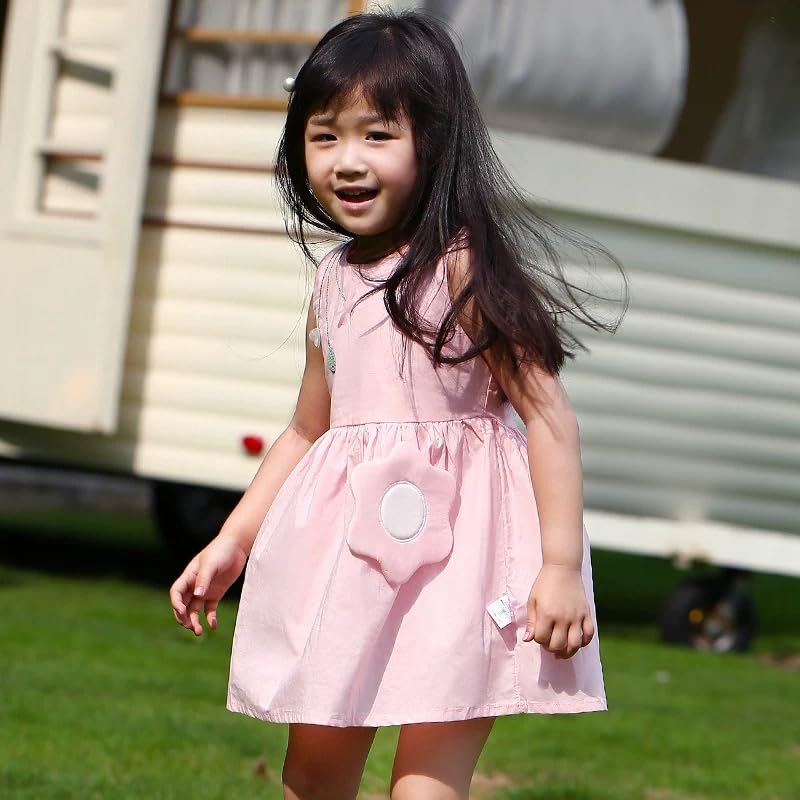Girls Cotton Sleeveless Dress, Pink Summer Dress with Flower Accent, Embroidered Necklace Design2