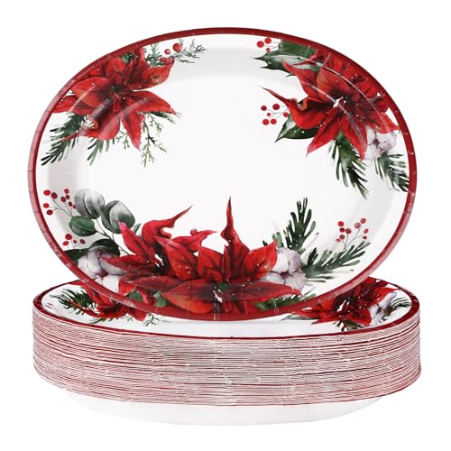 50 Pcs Christmas Oval Plates 10" x 12" Large Disposable 400 GSM Heavy Duty Red Poinsettia Floral Paper Dessert Plates Christmas Birthday Party Decorations for Festive Xmas Theme Dinner Party Supplies