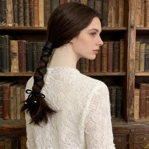 Handmade Leather Hair Wrap for Ponytail - Viking & Renaissance Braid Holder, Genuine Leather Hair Ties for Women, Boho Hair Accessories Unique Black, No Damage — view 2