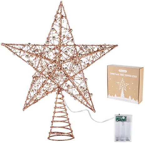 Homewit Glittered Christmas Tree Topper Star with Rose-gold Beads, 11.8 Inch Xmas Tree Glittered Treetop with Warm Timer Lights for Christmas Tree Decoration (Rose Gold)