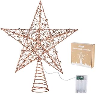 Homewit Glittered Christmas Tree Topper Star with Rose-gold Beads, 11.8 Inch Xmas Tree Glittered Treetop with Warm Timer Lights for Christmas Tree Decoration (Rose Gold)