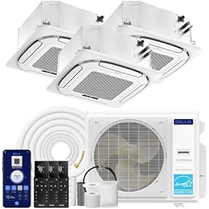 DELLA 35,000 BTU 3 Zone (12K+12K+18K) Ceiling Cassette Mini Split AC, Ultra Heat -13℉, 8-way 360° Airflow,Covers 2100 Sq.Ft, Energy Star,22.5 SEER2 230V,Work with Alexa,Pre-Charged Heat Pump