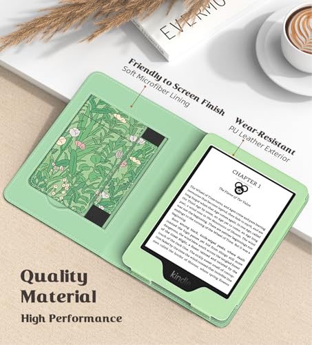 MoKo Case for All-new 6" Kindle(11th Generation, 2024/2022 Release)/Kindle(10th Gen,2019)/Kindle(8th Gen, 2016), Ultra Lightweight PU Shell Cover with Auto Wake/Sleep for Kindle 2024, Green Flower - Image 3