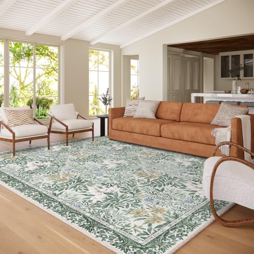 Image of Botanical Floral Area Rug 8x10 Light Green Cream Vintage Garden Design, Perfect for Living Room, Bedroom, Kids Room, Nursery - Stain & Water Resistant Non-Slip, Pet & Child Friendly Area Rugs