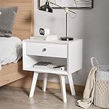 White Nightstand with 1 Drawer Mid Century Modern Nightstand Wood Bed Side Table for Bedroom 24 Inch