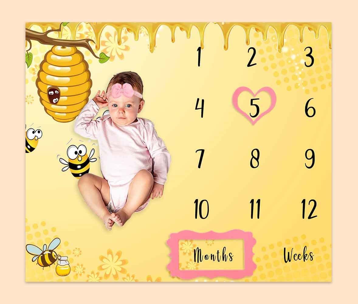 Bee Honeycomb Baby Age Milestone Blanket, Sweet Honey Drips Large Blanket for Nursery, Baby 1-12 Months Growth Chart, Includes 4 Frame and 1 Headband 48"x48" BTLSPH751