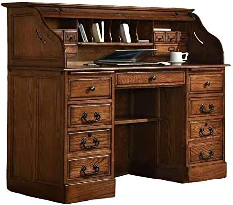 Roll Top Desk Solid Oak Wood - Executive Oak Desk 54"x24"x45" Home Office Secretary Organizer Roll Hutch Top Easy Assembly Quality Crafted Construction Locking File Drawers Dovetailed