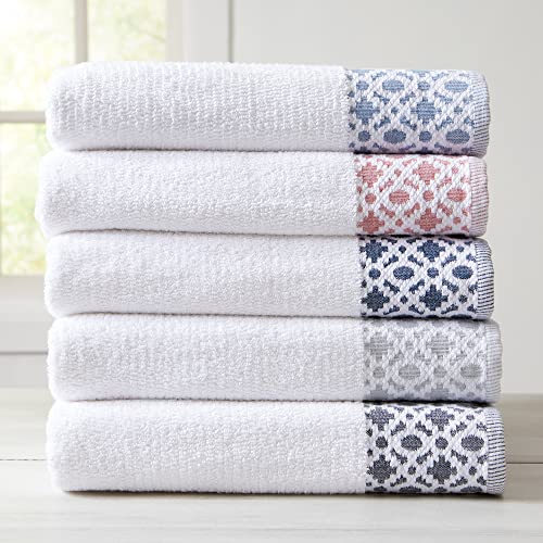 Market & Place 100% Cotton Luxury Bath Towel Set | Super Soft And Highly Absorbent | Textured Decorative Border | Includes 4 Bath Towels | Nitra Collection (White/Navy) #TOP3