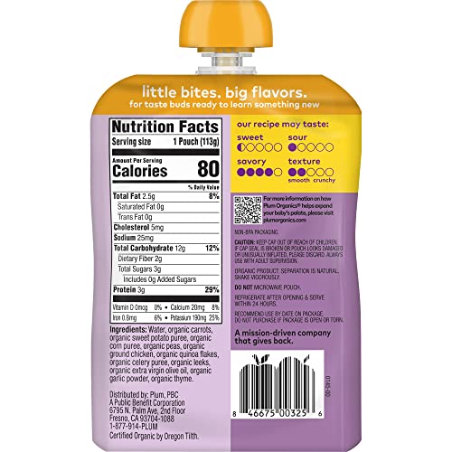 Plum Organics | Stage 3 | Organic Baby Food Meals [9+ Months] | Carrot, Sweet Potato, Corn, Pea & Chicken | 4 Ounce Pouch (Pack Of 6) #TOP4