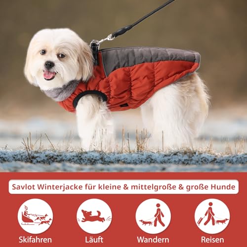 Savlot Hundemäntel für Kaltes Wetter Gemütliche Winddichte Winter-Hundejacke Dick Gepolsterte Warme Weste mit Geschirr für Welpen Kleine Mittelgroße und Große Hunde (L, Rot)