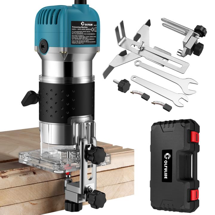 COLFULINE 1/4'' Compact Electric Palm Router for Woodworking - 6 Variable Speeds, Hand Router Wood Trimmer Routers Woodworking with Portable Case, 6.35mm Trimmer Base & 3m Power Cord(Blue+Silver)