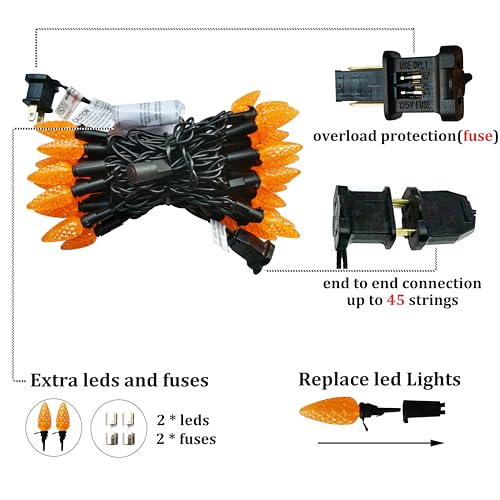 Image of Orange C6 Halloween String Lights 50LED Strawberry 18ft Waterproof Black Wire Lights for Outdoor Indoor Garden Yard Home Halloween Party Decoration(Orange)