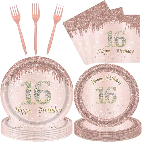 Rose Gold 16th Birthday Tableware Set for Girls - 96 Pcs Disposable Party Supplies Includes Dinner Plates, Napkins & Forks, 16 Year Old Birthday Decorations (Serves 24 Guests)