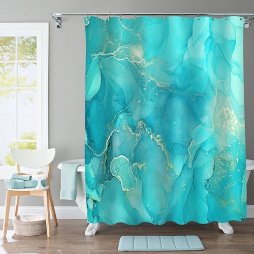 Gibelle Teal Fabric Shower Curtain, Abstract Blue Marble Shower Curtain for Bath